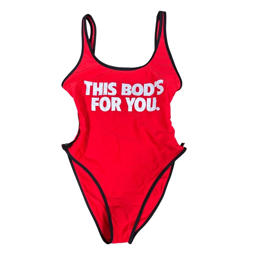 Wildfox This Bod's For You One Piece Swimsuit S Red Zip Side Graphic Rare‎